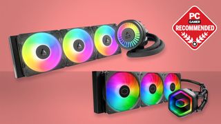 Two of the best liquid coolers on a red background with the PC Gamer recommended logo in the top right.