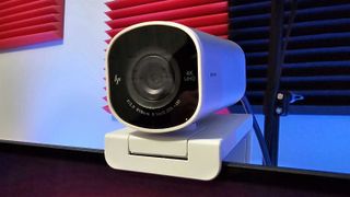 HP 960 4K Streaming Webcam mounted to the top of a PC monitor