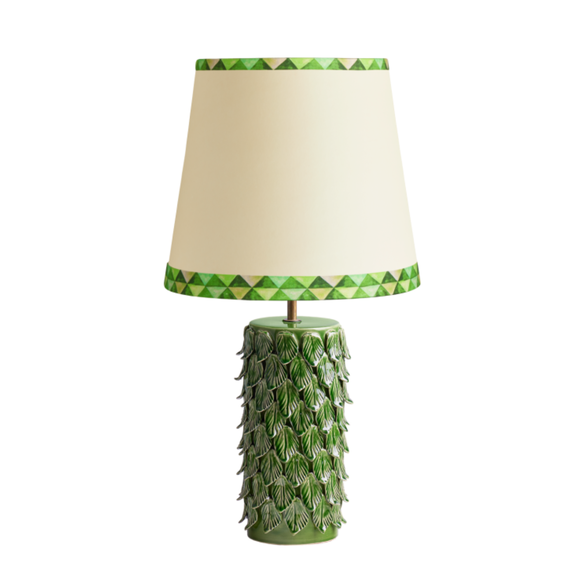 green table lamp with leaf motif on the base and a cream and green shade