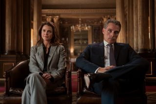 Keri Russell and Rufus Sewell in 'The Diplomat' season 3.