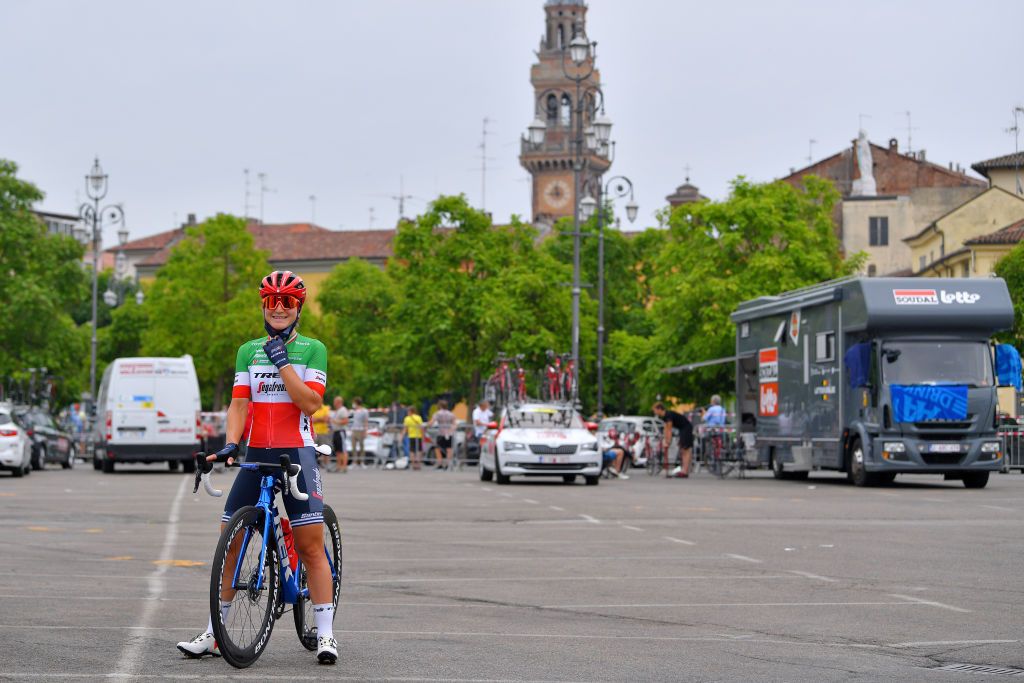 OVADA ITALY JULY 04 Elisa Longo Borghini of Italy and Team Trek Segafredo at start during the 32nd Giro dItalia Internazionale Femminile 2021 Stage 3 a 135km stage from Casale Monferrato to Ovada GiroDonne UCIWWT on July 04 2021 in Ovada Italy Photo by Luc ClaessenGetty Images