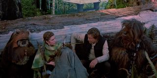 Wicket, Leia, Han Solo and Chewbacca in Return of the Jedi