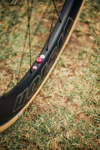 A black Vision Metron wheel on grass with a pink Muc-Off tubeless valve