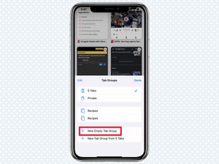 A red box highlights the "+ New Empty Tab Group" button in Safari on iOS 15