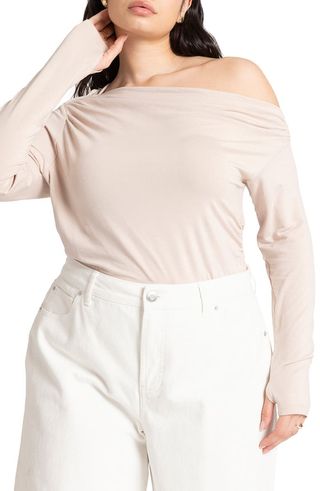 Ruched One-Shoulder Long Sleeve Knit Top