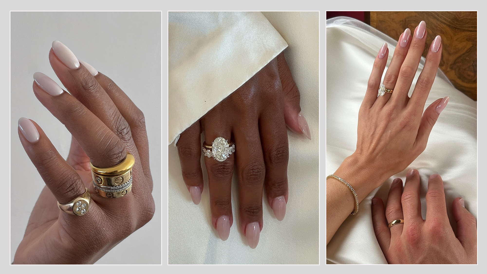 A collage featuring three bridal wedding nails, including a milky nail look, a milky pink and a sheer pink manicure