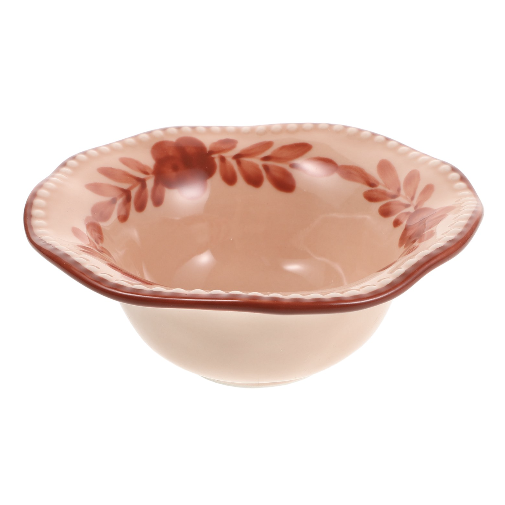 pink bowl with red floral print edge