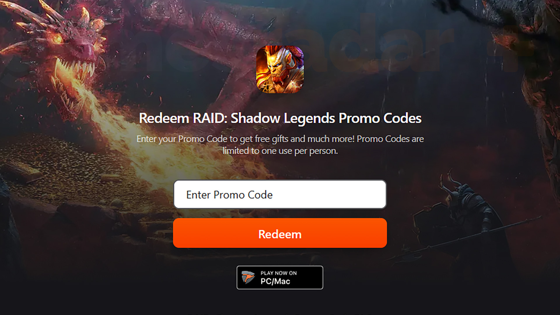 A close up of the Raid Shadow Legends codes entry section of the website