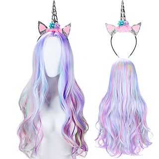 Syhood 3 Pieces Halloween Unicorn Wig Set Included Long Curly Wavy Rainbow Wig With Wig Cap and Gold Unicorn Horn Ears Flower Headband for Music Festival Cosplay Party