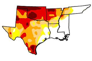 A map showing drought conditions across the South. "Severe" or "exceptional" drought is highlighted in red and maroon shades.