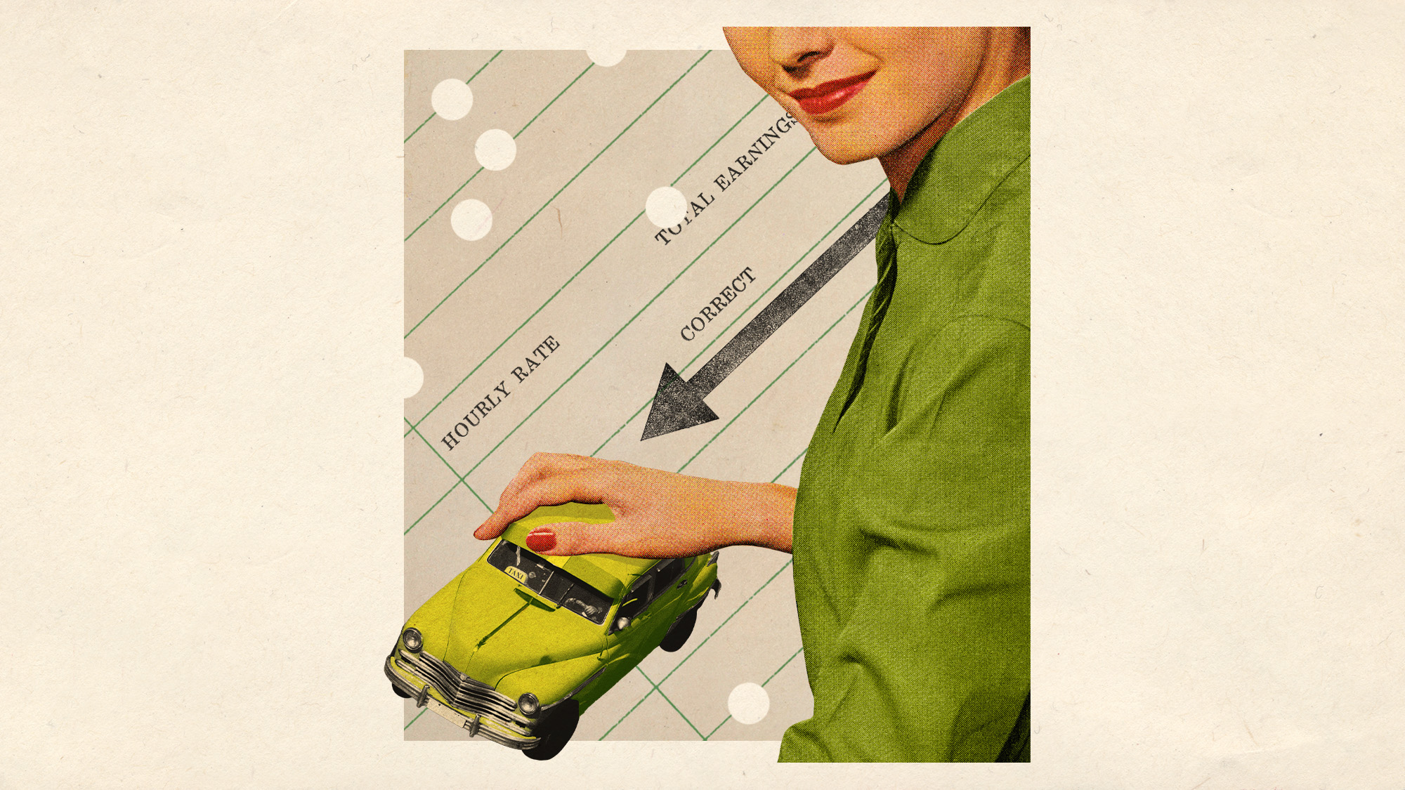 Illustrative collage of a woman holding a small taxi