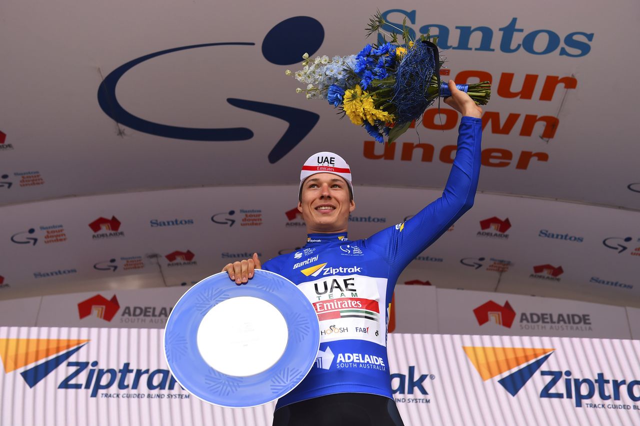 Japser Philipsen in the Tour Down Under blue jersey for best sprinter