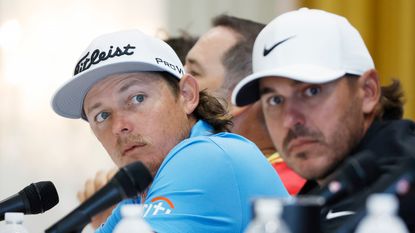 Captain Cameron Smith of Ripper GC and Captain Brooks Koepka of Smash GC look on during a press conference prior to the LIV Golf Invitational - Miami