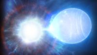 Two bright white orbs in space. The one on the right is slightly tugging on the left one.