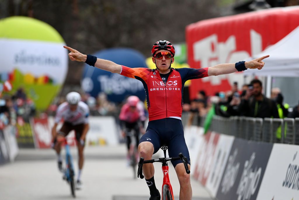 ALPBACH AUSTRIA APRIL 17 Tao Geoghegan Hart of United Kingdom and Team INEOS Grenadiers celebrates at finish line as stage winner during the 46th Tour of the Alps 2023 Stage 1 a 1275km stage from Rattenberg to Alpbach 984m on April 17 2023 in Alpbach Austria Photo by Tim de WaeleGetty Images