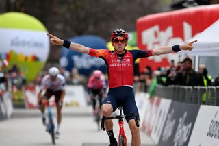ALPBACH AUSTRIA APRIL 17 Tao Geoghegan Hart of United Kingdom and Team INEOS Grenadiers celebrates at finish line as stage winner during the 46th Tour of the Alps 2023 Stage 1 a 1275km stage from Rattenberg to Alpbach 984m on April 17 2023 in Alpbach Austria Photo by Tim de WaeleGetty Images