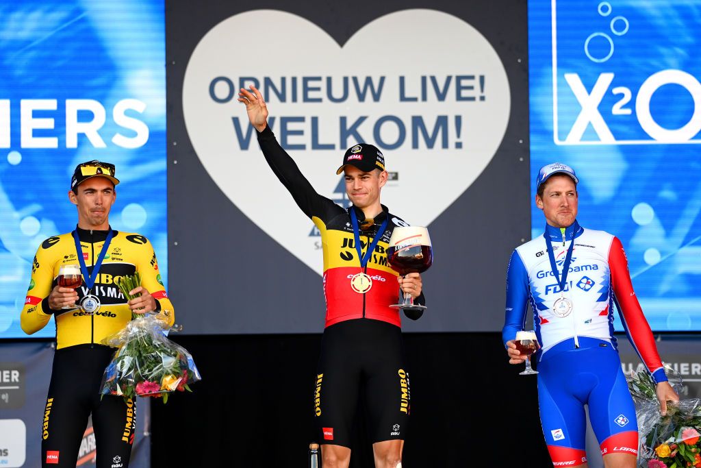 HARELBEKE BELGIUM MARCH 25 LR Christophe Laporte of France and Team Jumbo Visma on second place race winner Wout Van Aert of Belgium and Team Jumbo Visma and Stefan Kng of Switzerland and Team Groupama FDJ on third place pose on the podium ceremony after the 65th E3 Saxo Bank Classic 2022 a 2039km one day race from Harelbeke to Harelbeke E3SaxobankClassic WorldTour on March 25 2022 in Harelbeke Belgium Photo by Tim de WaeleGetty Images