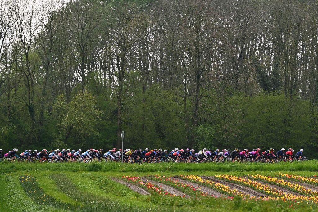 HUY BELGIUM APRIL 17 A general view of the peloton passing through a landscape during the 27th La Fleche Wallonne Feminine 2024 a 146km one day race from Huy to Huy UCIWWT on April 17 2024 in Huy Belgium Photo by Luc ClaessenGetty Images