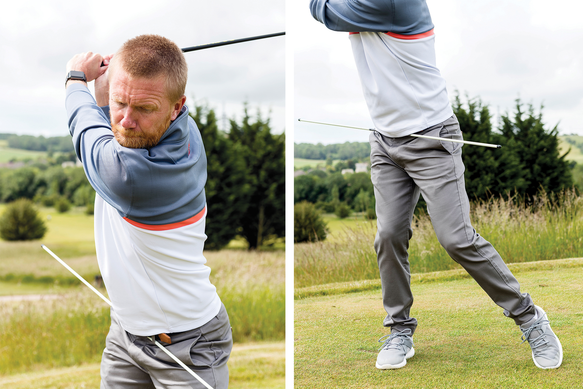 PGA pro Andrew Jones demonstrating the role of the arms in coiling, with an incorrect image to the right where the left foot has moved away preventing necessary resistance