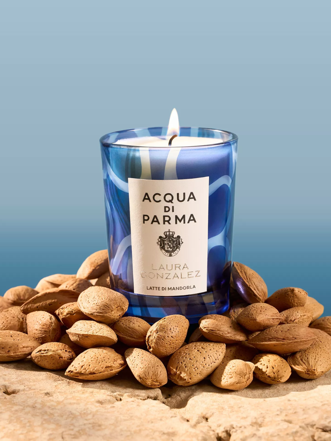 A blue glass candle from Acqua di Parma
