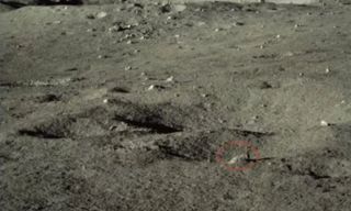 Rock fragments, including one specimen (circled) targeted for analysis, discovered by the Yutu-2 rover. 