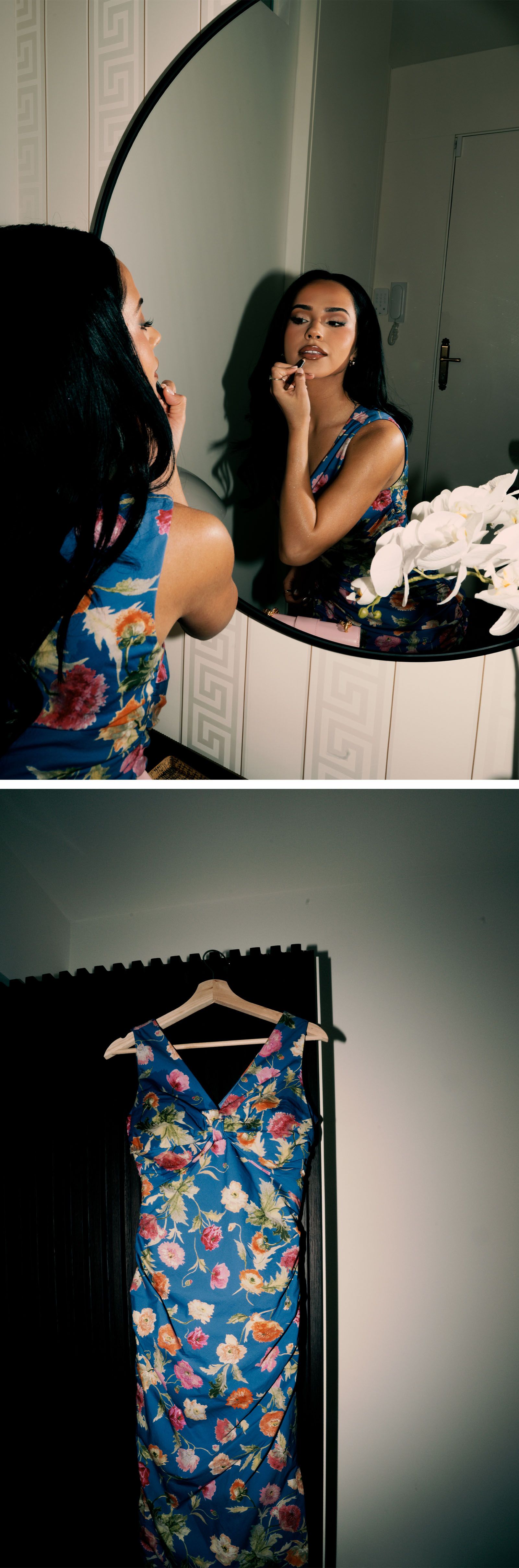Top image: Becky G applies touches up her lips while getting ready for the Carolina Herrera show. Bottom image: Beck G's Carolina Herrera dress hanging on the door.