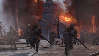 World War 2 soldiers flee from a burning church