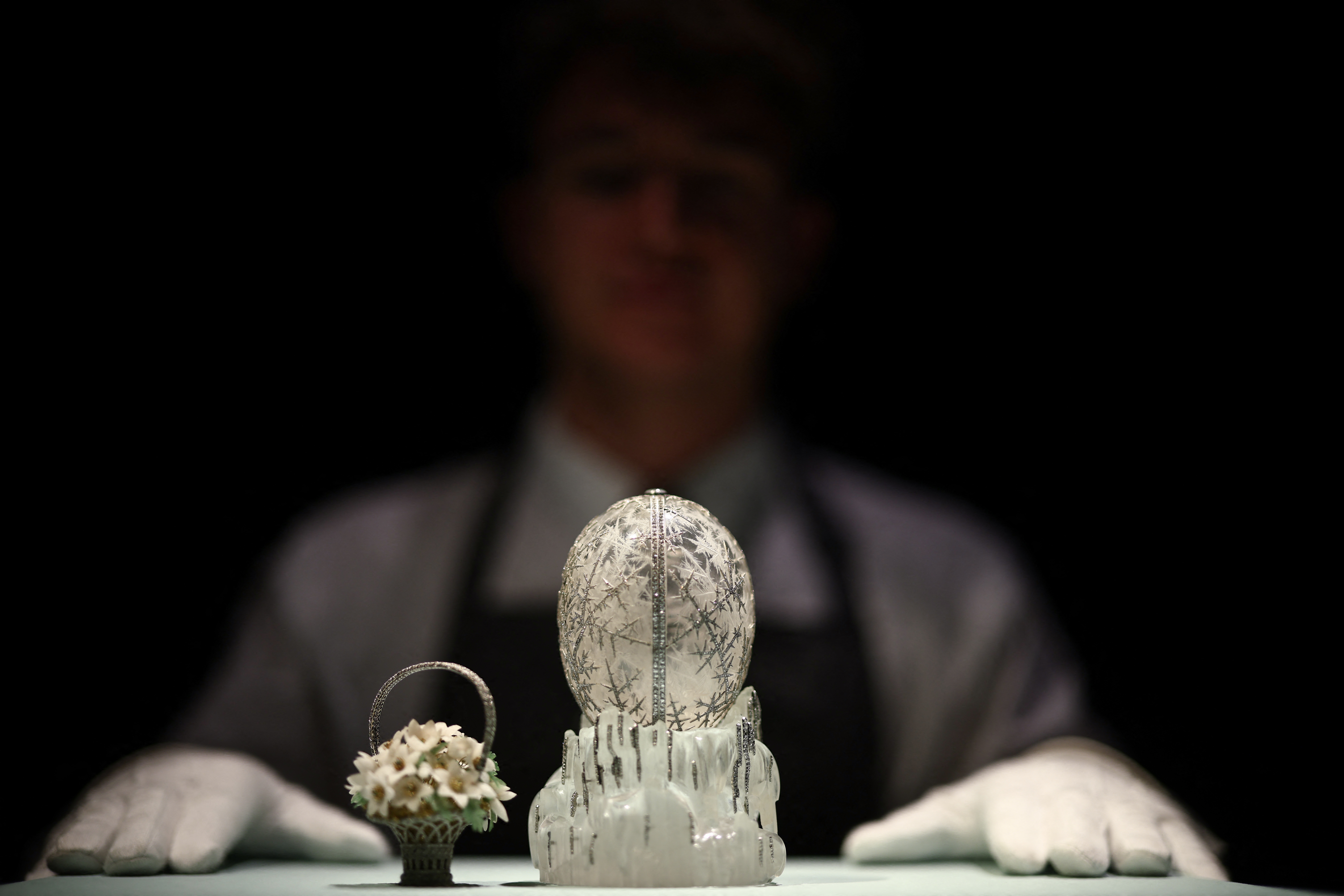 "The Winter Egg" by Faberg&eacute;, which was commissioned by former Russian emperor Nicholas II as an Easter gift to his mother in 1913, is displayed during a media preview by auction house Christie's in central London on November 27, 2025.
