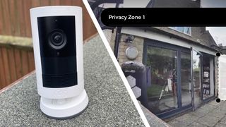 Plit image showing Ring Outdoor Camera Plus and footage recorded on the device