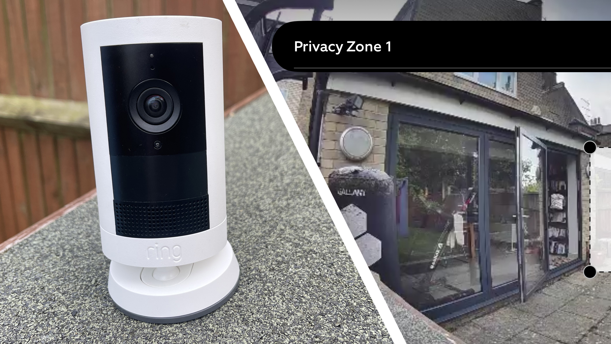 Plit image showing Ring Outdoor Camera Plus and footage recorded on the device