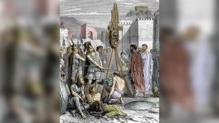 The Gauls defeat the Romans and demand ransom; when the Romans complained about a false weight on the scale, the leader of the Gauls, Brennus, put his sword on the scale in 390 B.C.