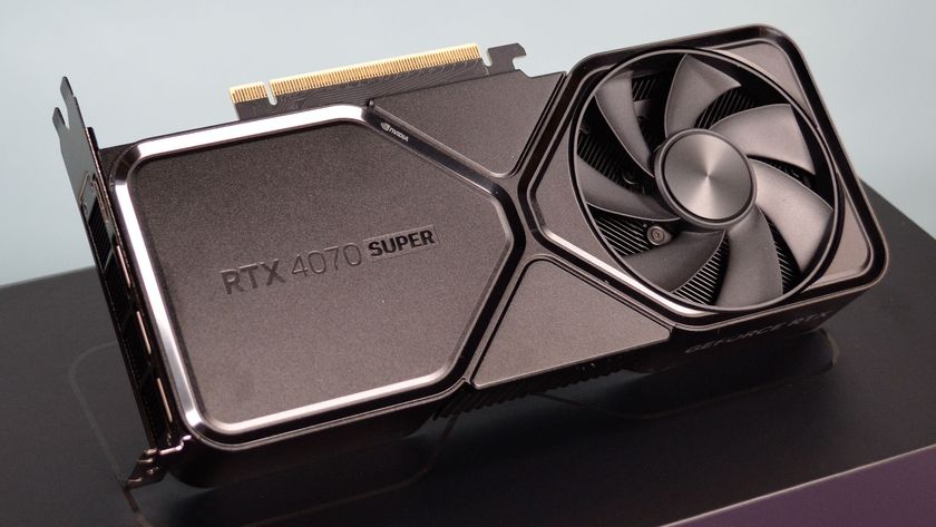 An Nvidia RTX 4070 Super on a purple deskmat on a desk