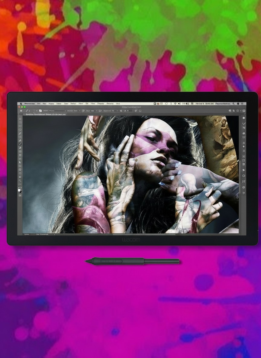 Black drawing tablets on colourful painted backgrounds