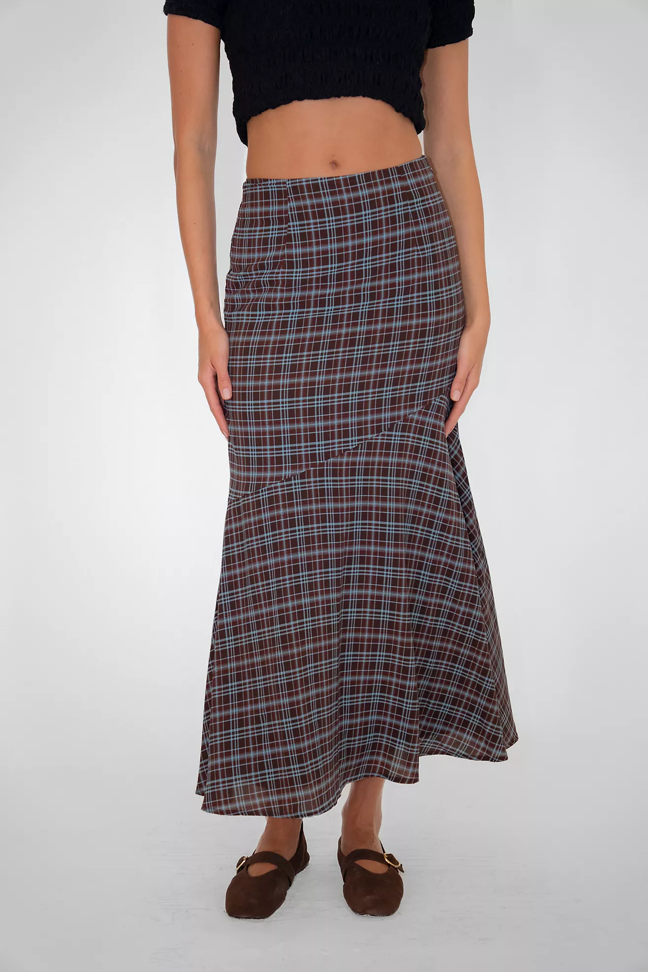 Amy Lynn Alma Heritage Check Chiffon Asymmetric Maxi Skirt