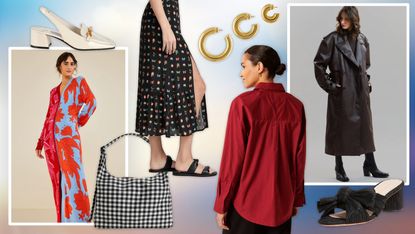 Collage of skirt, earrings, and leather trench coat