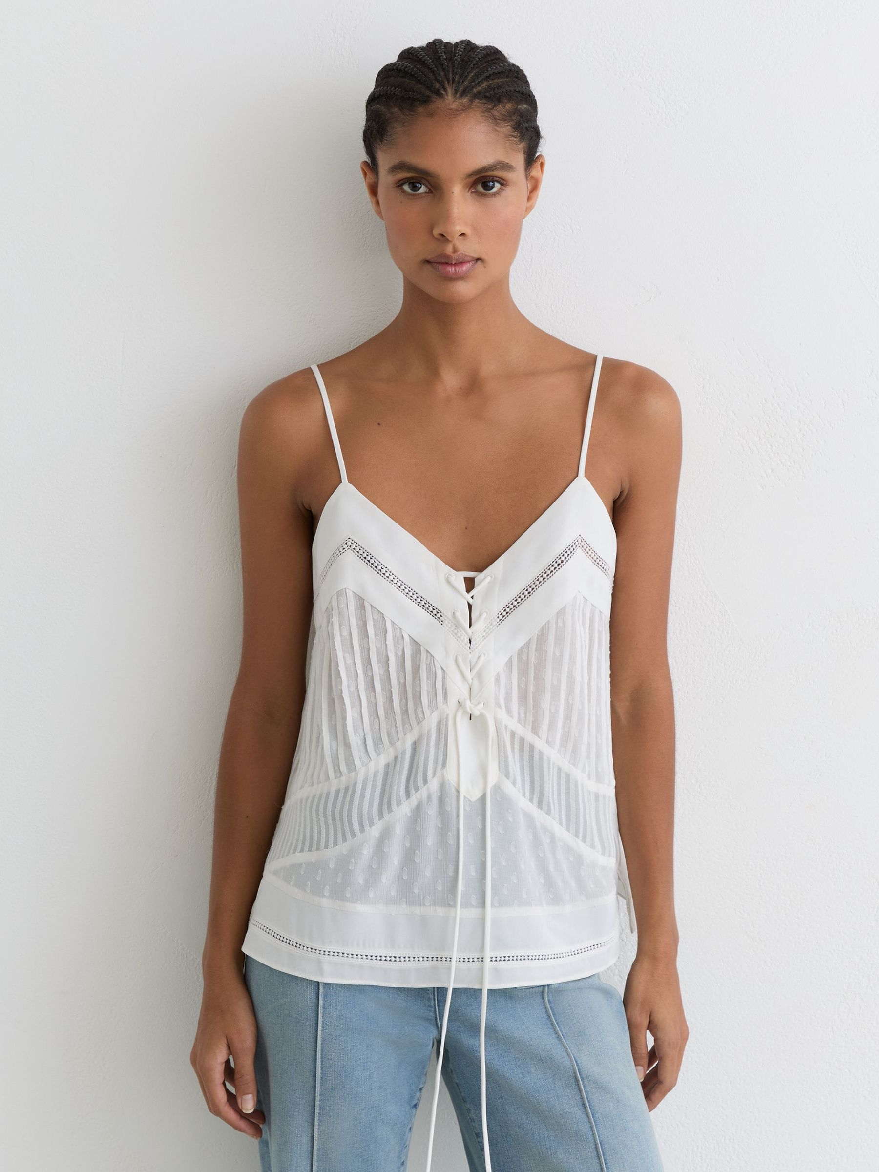 Lace-Up Semi-Sheer Cami Top in Ivory - Size 4