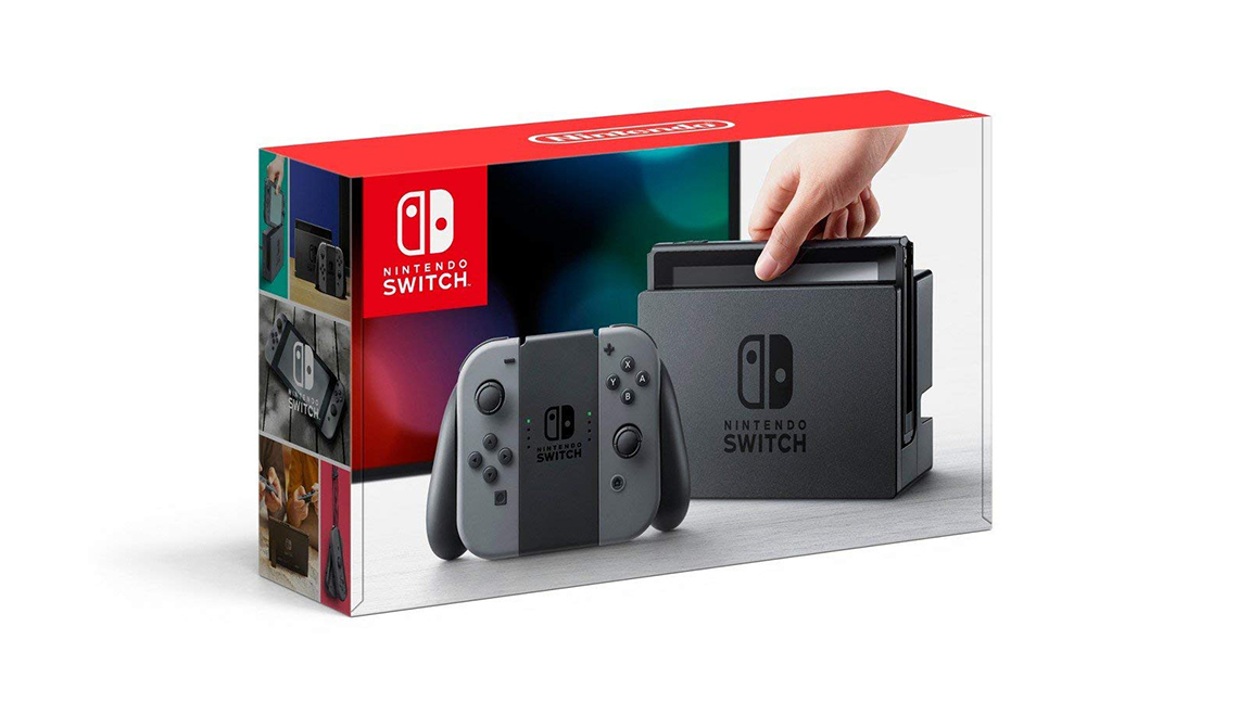 A photo of a Nintendo Switch grey