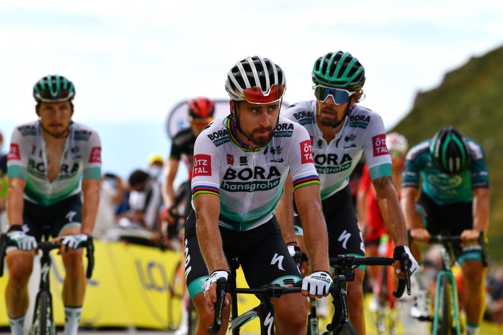 CANTAL FRANCE SEPTEMBER 11 Arrival Peter Sagan of Slovakia and Team Bora Hansgrohe Daniel Oss of Italy and Team Bora Hansgrohe during the 107th Tour de France 2020 Stage 13 a 1915km stage from ChtelGuyon to Pas de PeyrolLe Puy Mary Cantal 1589m TDF2020 LeTour on September 11 2020 in Cantal France Photo by Stuart FranklinGetty Images