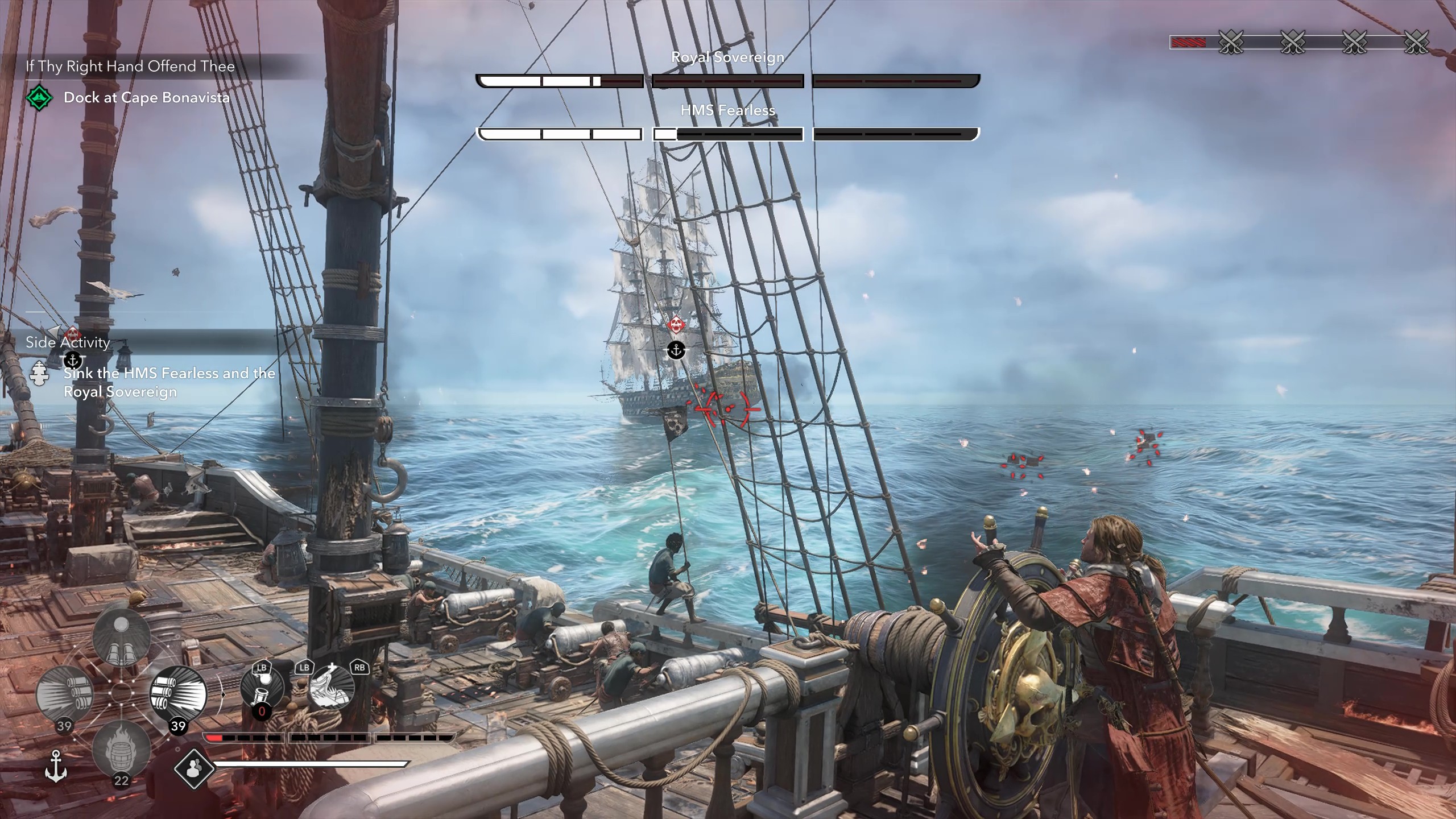 Gameplay of naval combat showing the player aiming at HMS Fearless in the distance.