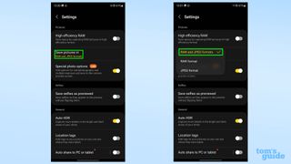 Two screenshots of the Samsung Galaxy S23 ExpertRAW app, showing the Save Pictures In setting
