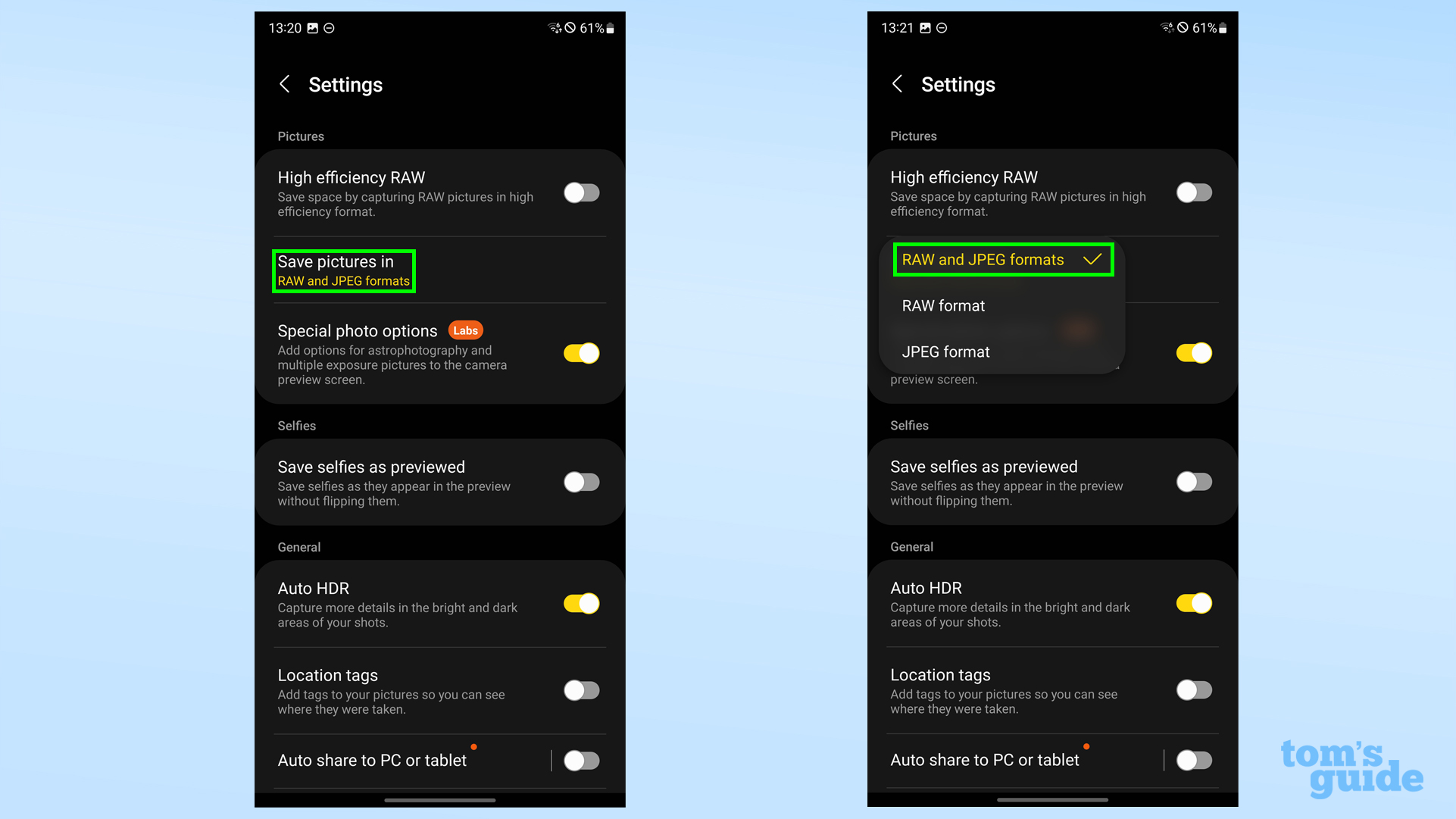 Два снимка экрана приложения Samsung Galaxy S23 ExpertRAW, показывающие настройку «Сохранить изображения в».