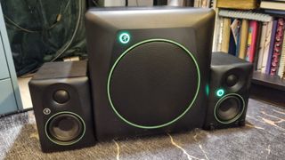 The Mackie CR 3.5 BT speakers flanking the Mackie CR8SBT subwoofer on a carpeted floor