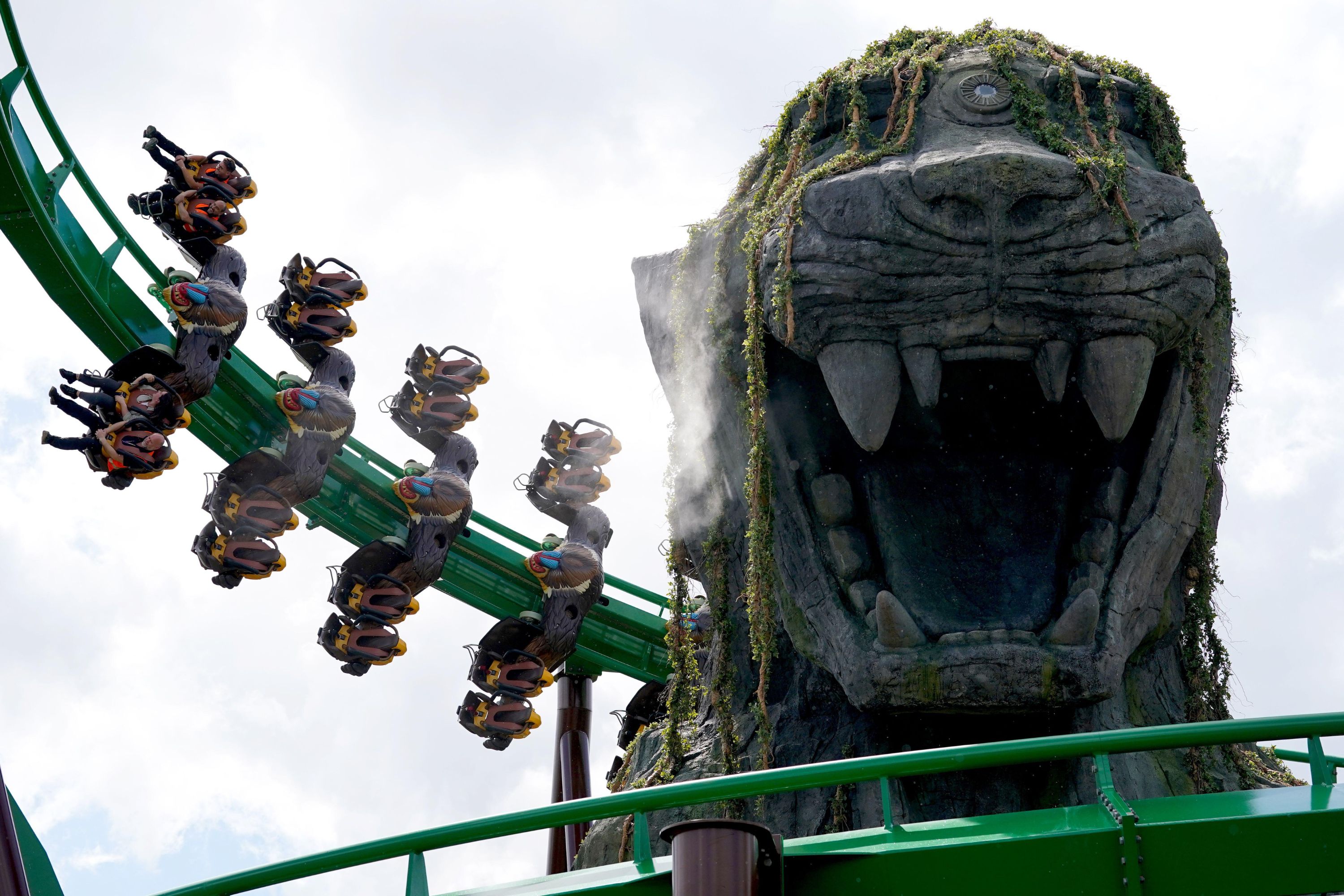 Park engineers test the world's only Jumanji rollercoaster, Mandrill Mayhem, at the launch of the new themed land, World of Jumanji, at Chessington World of Adventures Resort, south west London
