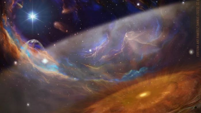 Artist&#039;s impression of the massive star-forming region, with the planet-forming disk XUE-1 in the foreground. The region is drenched in UV light from massive stars, one of which is visible in the top left corner. The structure near the disk represents the molecules and the dust found by the researchers in their new observations.