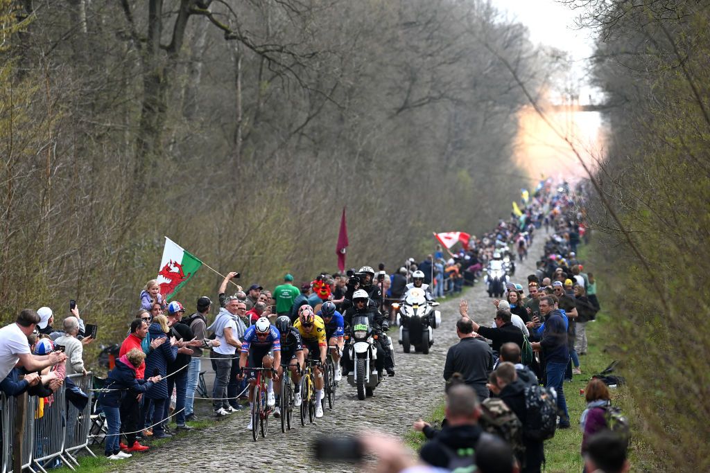 ROUBAIX FRANCE APRIL 09 A general view of Mathieu van der Poel of The Netherlands and Team AlpecinDeceuninck John Degenkolb of Germany and Team DSM Wout Van Aert of Belgium and Team JumboVisma Christophe Laporte of France and Team JumboVisma and Stefan Kng of Switzerland and Team Groupama FDJ compete in the breakaway passing through the Troue dArenberg cobblestones sector during the 120th ParisRoubaix 2023 Mens Elite a 2566km one day race from Compigne to Roubaix on UCIWT April 09 2023 in Roubaix France Photo by Tim de WaeleGetty Images