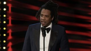 Jay-Z gives his acceptance speech at the Rock & Roll Hall of Fame induction ceremony