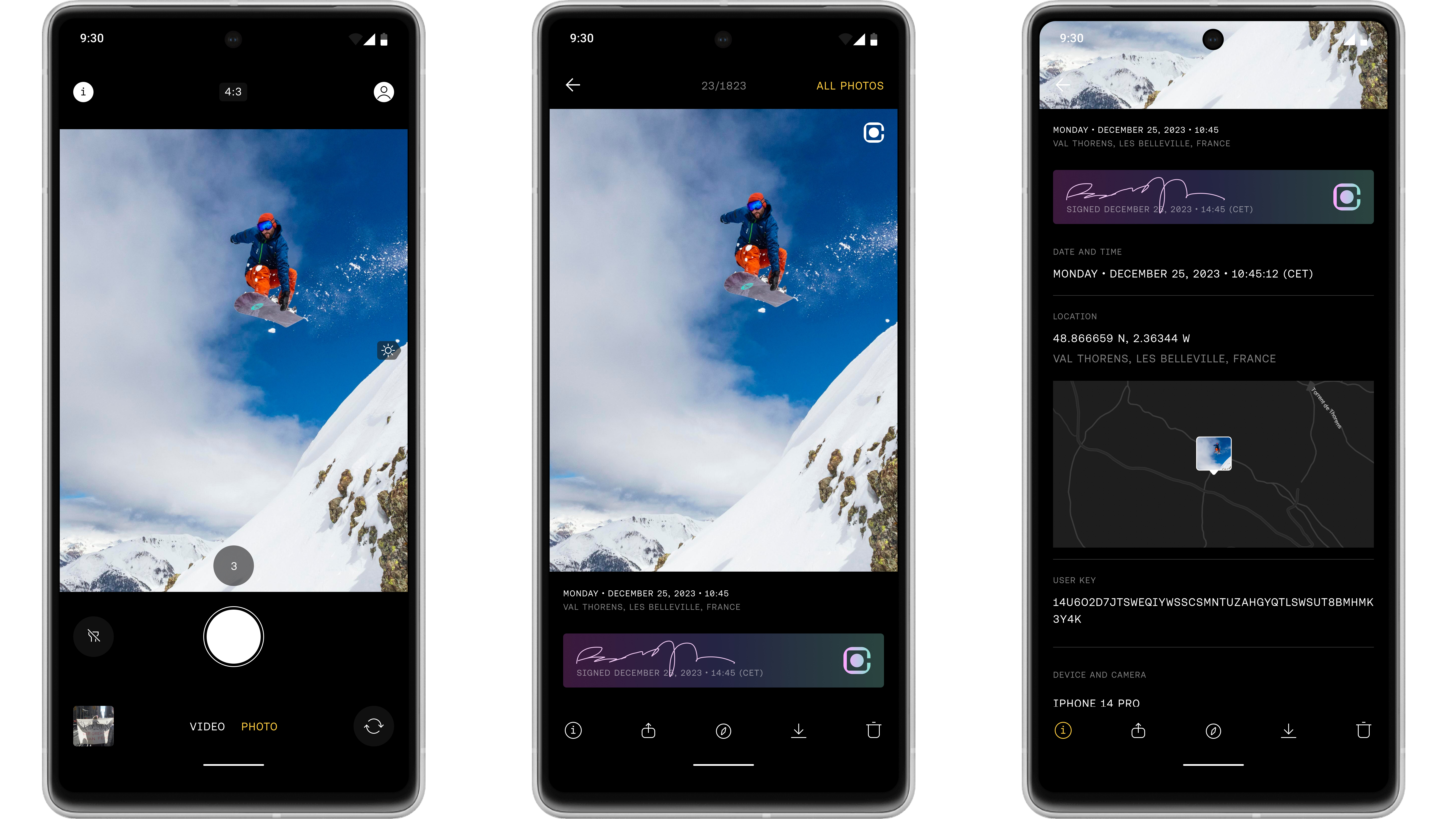 Nodle Click app smartphone UI with camera app and ContentSign screenshots