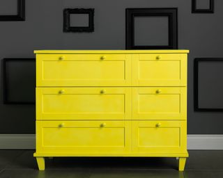Yellow chest of drawers by Rustoleum in a living room