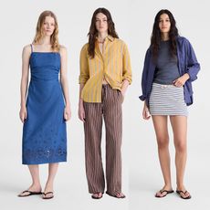 One Model wears blue eyelet dress. The middle model wears yellow button down shirt and brown striped pants. The last model wears t shirt, button down shirt in blue and knit skirt. 