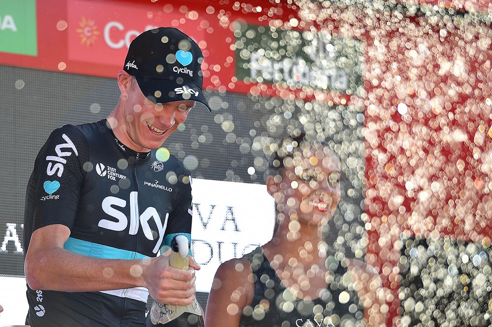Chris Froome celebrates winning stage 19 at the Vuelta